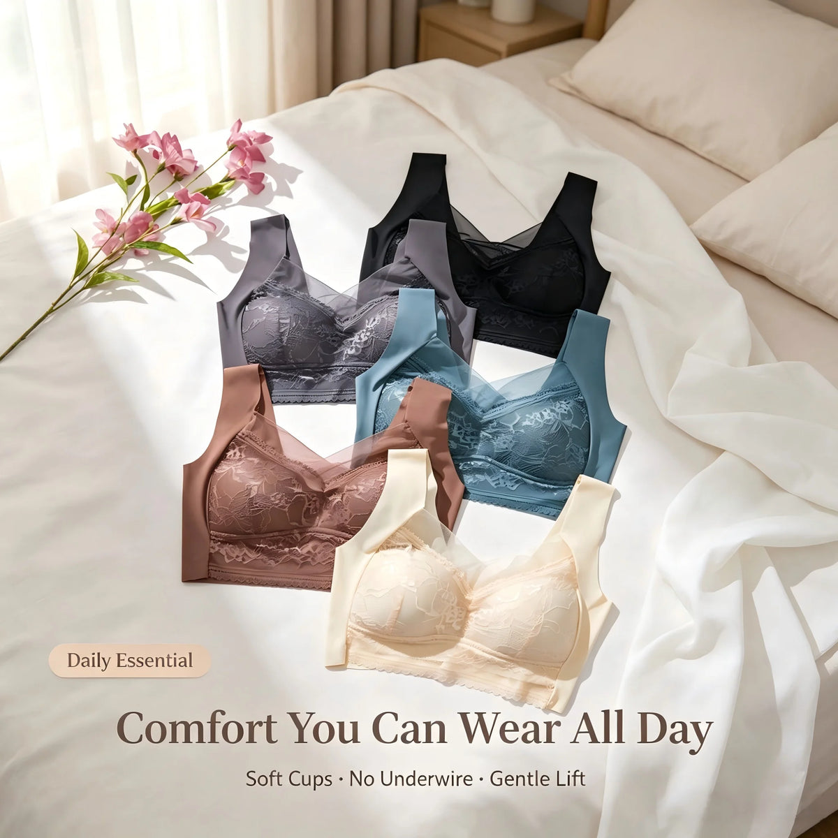 5-Pack Elegant Floral Lace Wire-Free Bras with Wide Straps and Plunging V-Neckline
