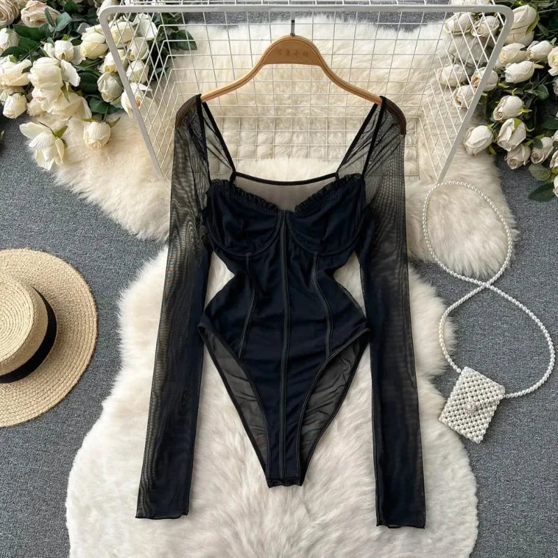 Sheer Mesh Long Sleeve V Neck Bodysuit for Gothic Alternative Styling