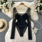 Sheer Mesh Long Sleeve V Neck Bodysuit for Gothic Alternative Styling