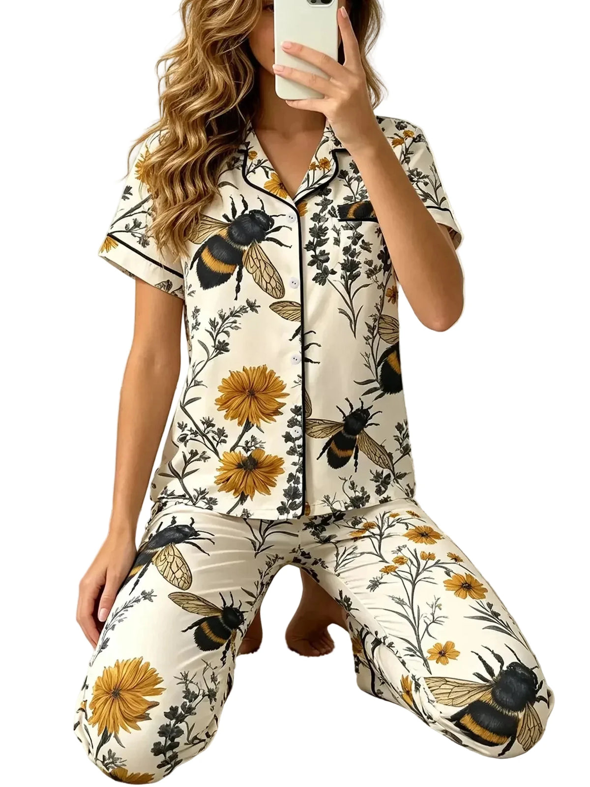 Bee and Sunflower Print Pajama Set with Short-Sleeve Button-Down Shirt, Lapel Collar and Matching Long Pants
