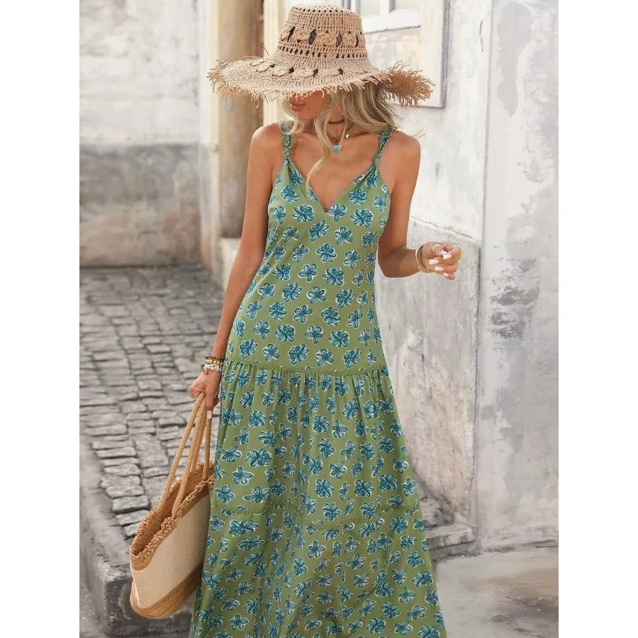 Sleeveless Floral Maxi Dress with Cinched Waist and Flowing A-Line Shape