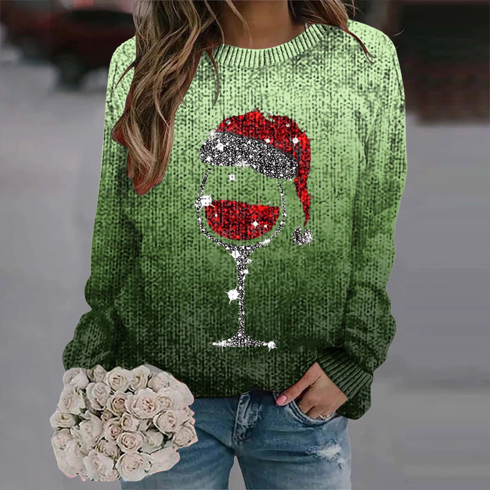 Women's Festive Graphic Crew Neck Thick Knit Pullover Sweater With Relaxed Fit