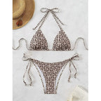 Geometric Pattern High-Waisted Bikini with Solid Navy Contrast Banding