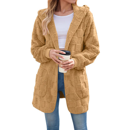 Women's Longline Hooded Plush Fleece Cardigan Jacket for Cozy Everyday Layering