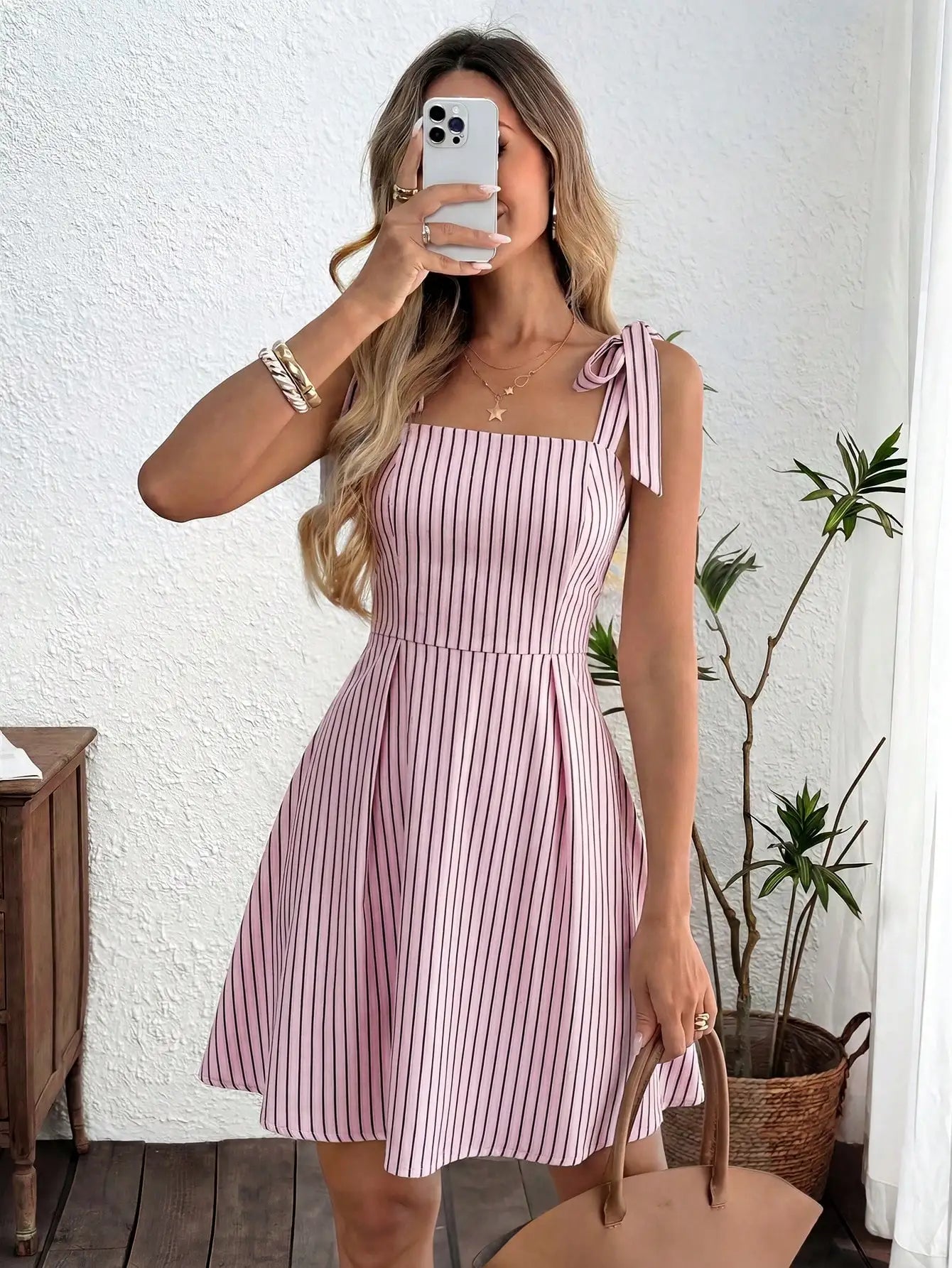 Tie Shoulder Striped A-Line Mini Dress with Square Neck Design
