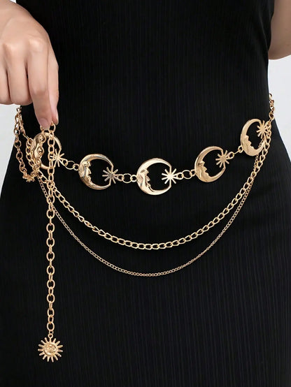 Layered Moon Charm Waist Chain for Gothic and Celestial Fashion Styling