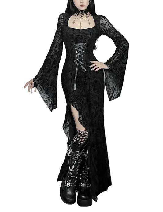Elegant Lace Gothic Maxi Dress with Dark Alternative Fashion Aesthetic
