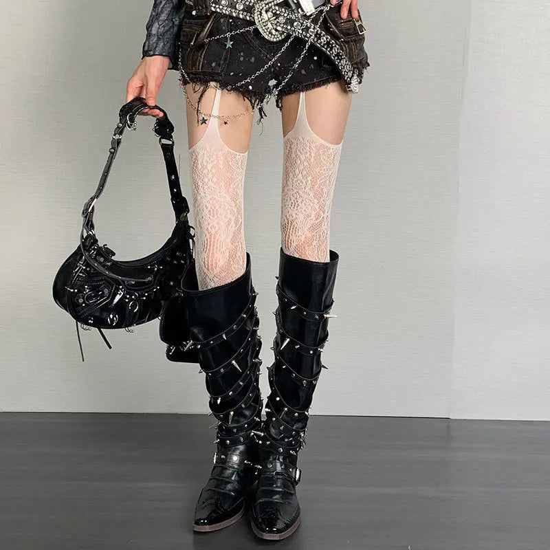 Floral Fishnet Suspender Tights Alternative Punk Fashion Garter Style Hosiery