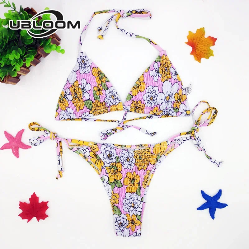 Vibrant Green Floral Underwire Bikini with Ruched Texture