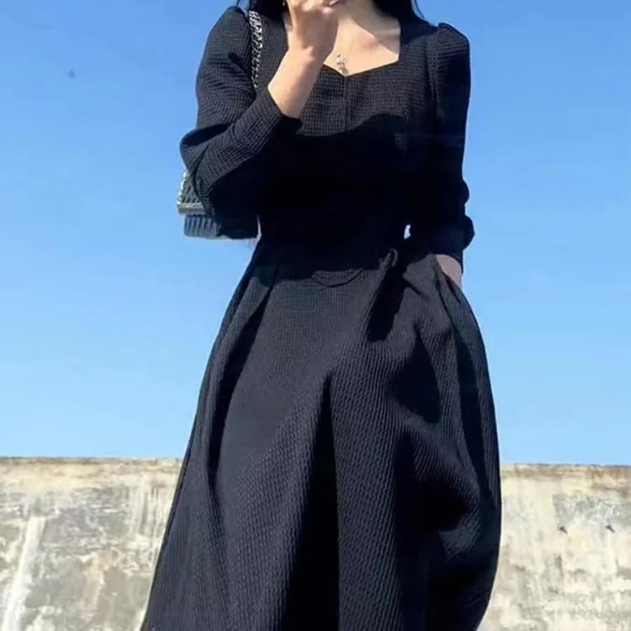 Dark Gothic A-Line Long Sleeve Alternative Fashion Midi Dress