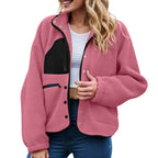 Women's Cropped Teddy Fleece Button Front Jacket Cozy Casual Everyday Layering Outerwear