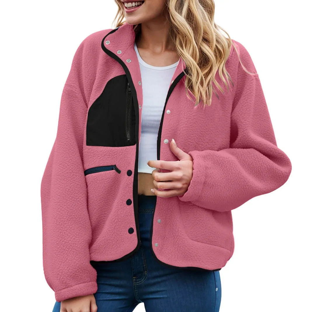 Women's Cropped Teddy Fleece Button Front Jacket Cozy Casual Everyday Layering Outerwear