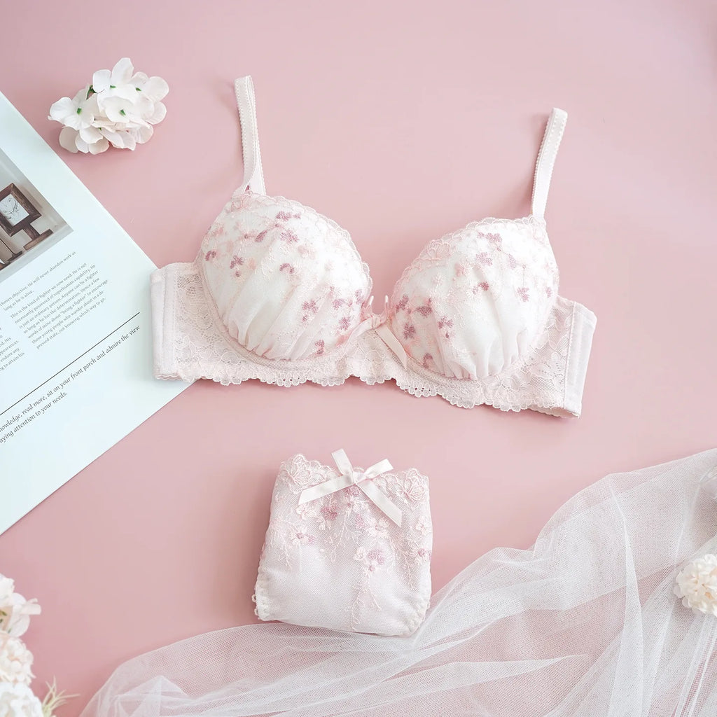 Pristine White Ruched Mesh Lingerie Set with Delicate Floral Embroidery