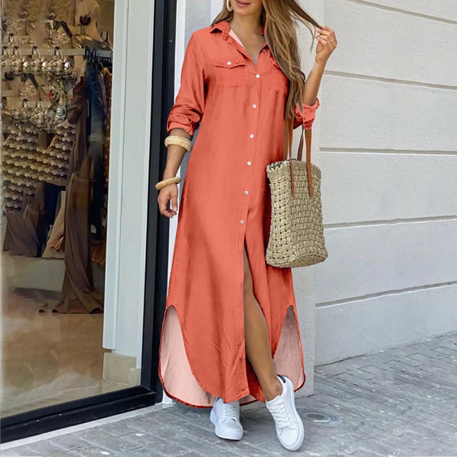 Button Front Shirt Maxi Dress with Relaxed Side Slit Styling