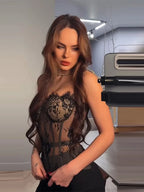 Sheer Black Floral Lace Strapless Bustier with Visible Boning Details