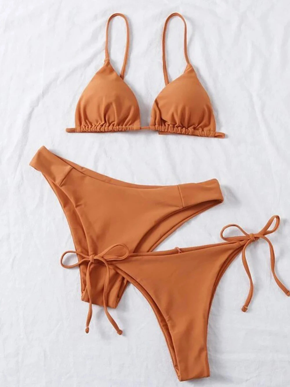 Solid White Three-Piece Triangle Bikini Set with Side-Tie Details