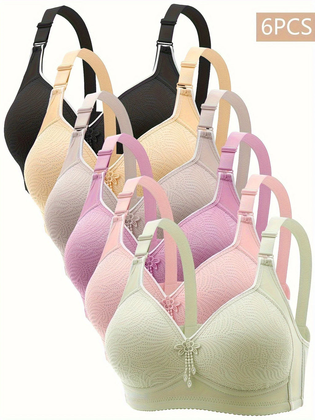 Six-Piece Wire-Free T-Shirt Bra Set with Lace Trim and Center Tassel