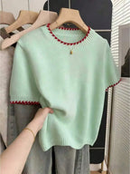 Women's Contrast Trim Short Sleeve Knit Sweater with Relaxed Retro Cropped Silhouette