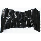 High-Shine Black Faux Leather Overbust Corset with Front Metal Busk