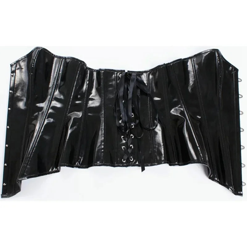 High-Shine Black Faux Leather Overbust Corset with Front Metal Busk