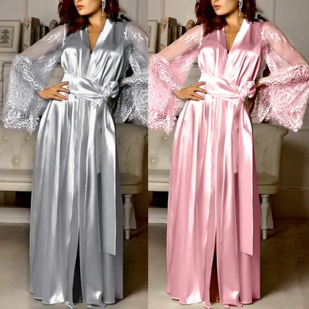Glamorous Floor-Length Satin-Finish Robe with Sheer Floral Lace Statement Sleeves