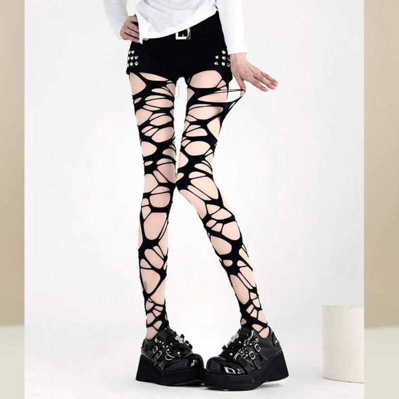 Crisscross Distressed Fishnet Pantyhose Punk Y2K Alternative Fashion Tights