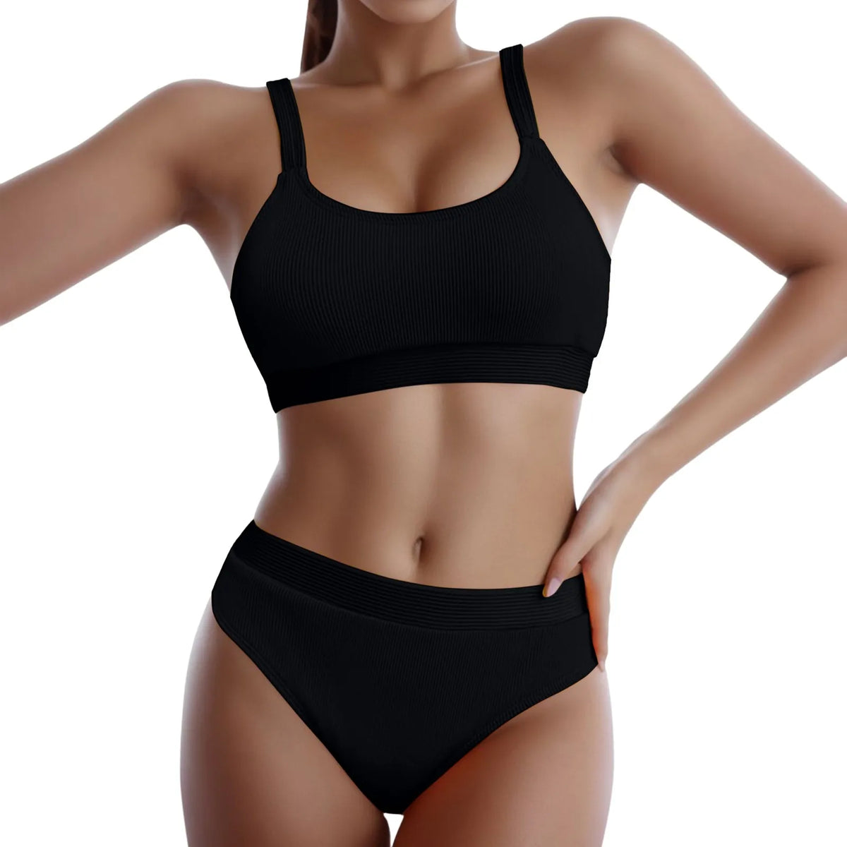 Black High-Waisted Bikini Set with Crew Neck Top, Push-Up Style Bra and Coordinating Hip-Lifting Bottom for Women