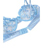 Light Blue Floral Embroidered Sheer Mesh Underwire Bra and Thong Set
