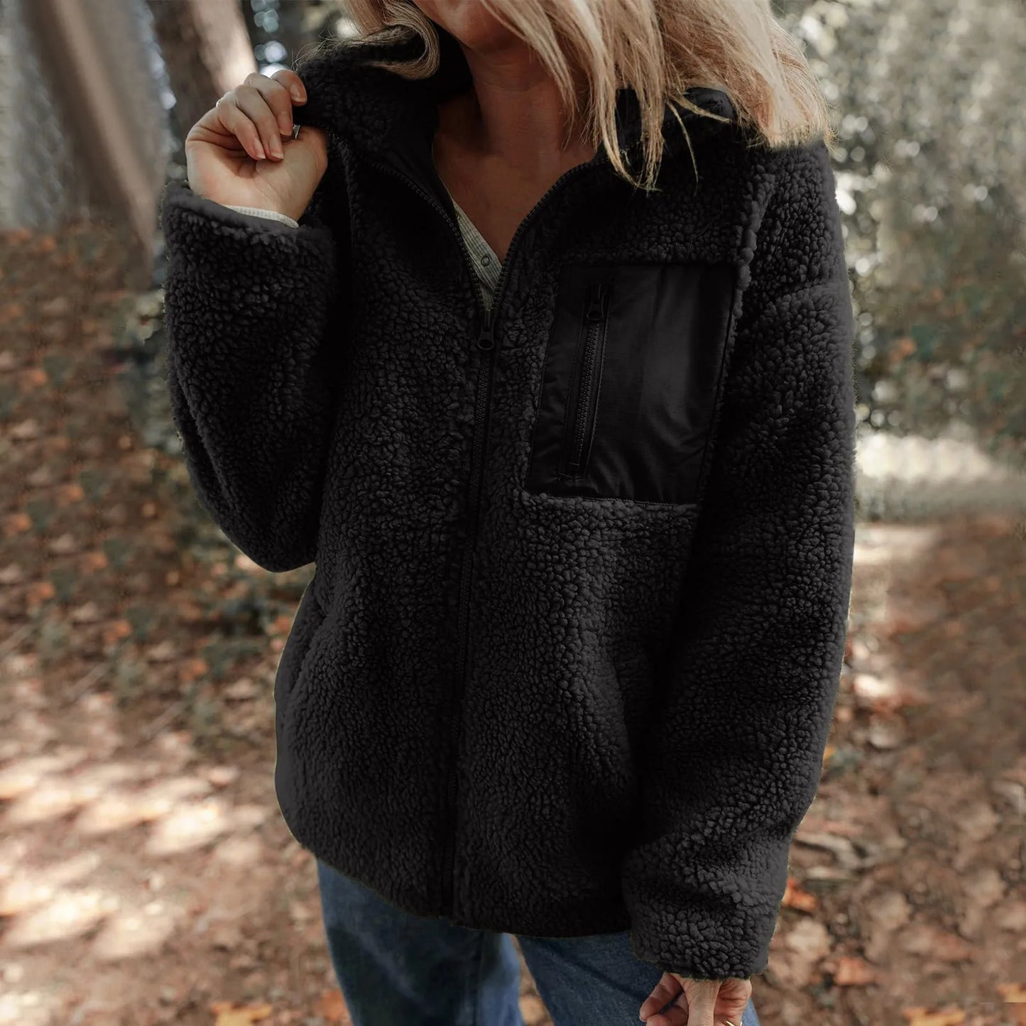 Women's Plush Teddy Fleece Zip Jacket with Relaxed Hooded Everyday Comfort Style
