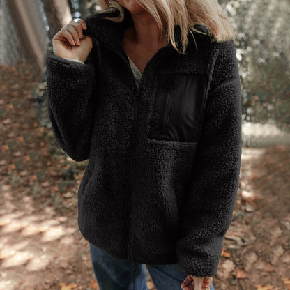 Women's Plush Teddy Fleece Zip Jacket with Relaxed Hooded Everyday Comfort Style