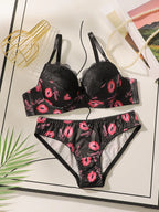 Playful Red Lip Print Push-Up Bra and Matching Lace-Trimmed Panty Set