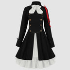 Vintage-Inspired Blue Victorian Coat Dress with Red Shoulder Cording and Bow Collar