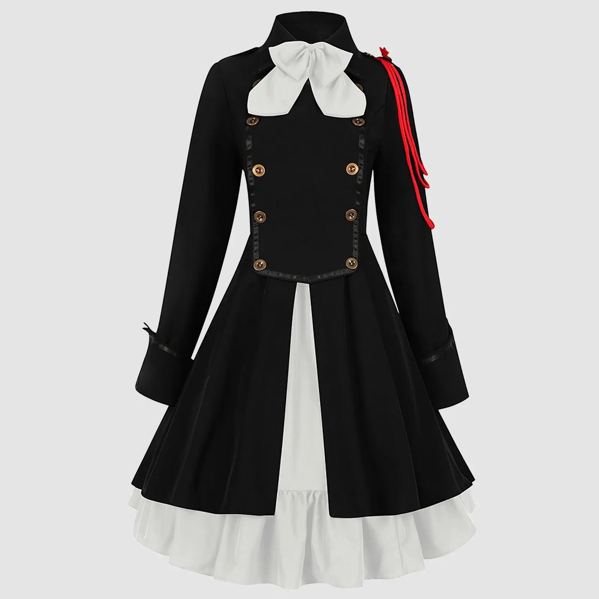 Vintage-Inspired Blue Victorian Coat Dress with Red Shoulder Cording and Bow Collar