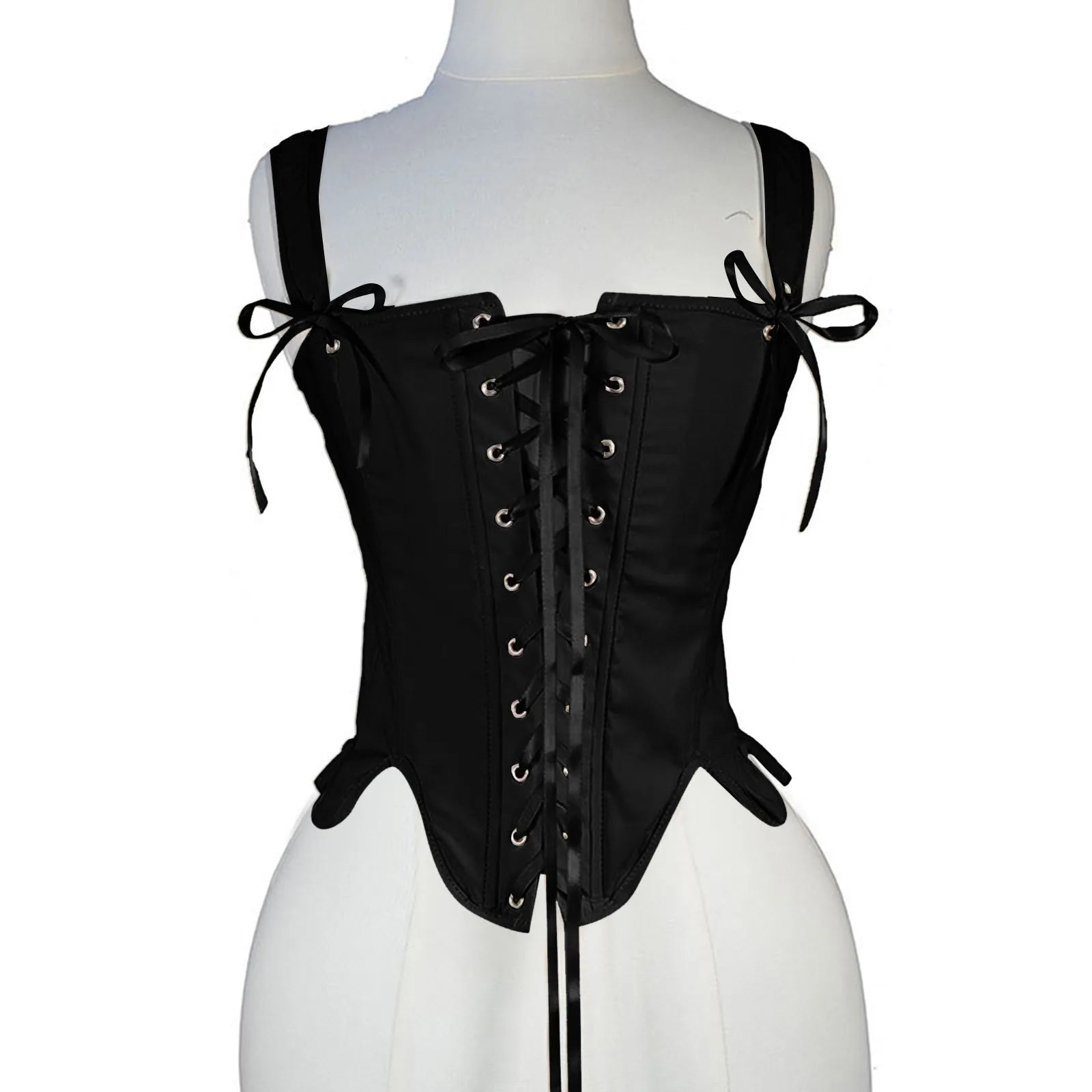 Vintage-Inspired Lace-Up Corset Top with Structured Bodice and Shoulder Ties