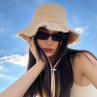 Foldable Wide Brim Bucket Hat with Adjustable Chin Cord for Beach Travel and Outdoor Wear