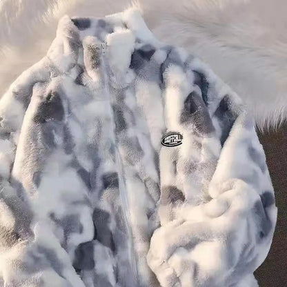 Women's Tie Dye Plush Fleece Zip Jacket with Relaxed Cozy Streetwear Silhouette