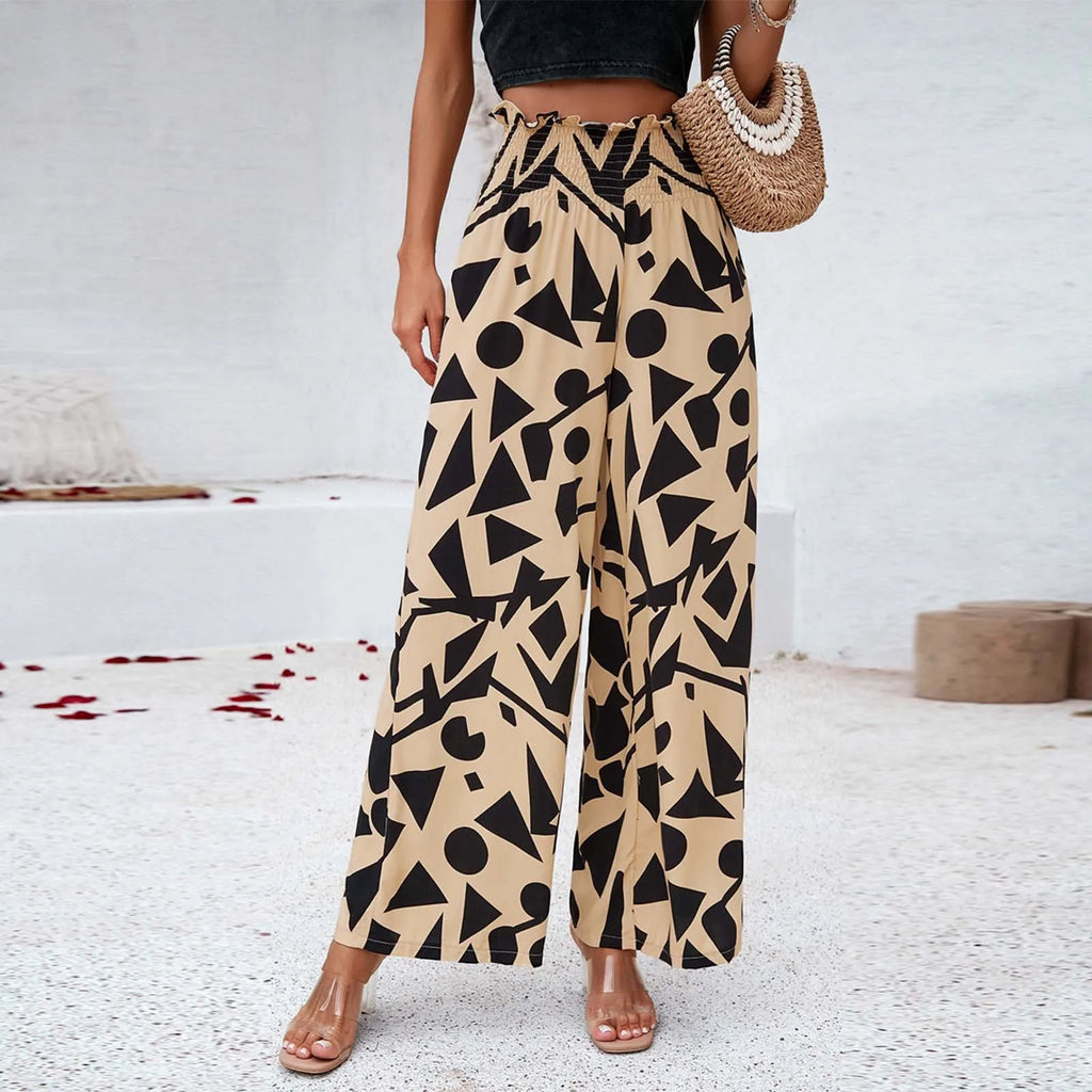 Women's High Waist Wide Leg Printed Casual Trousers with Relaxed Everyday Fit