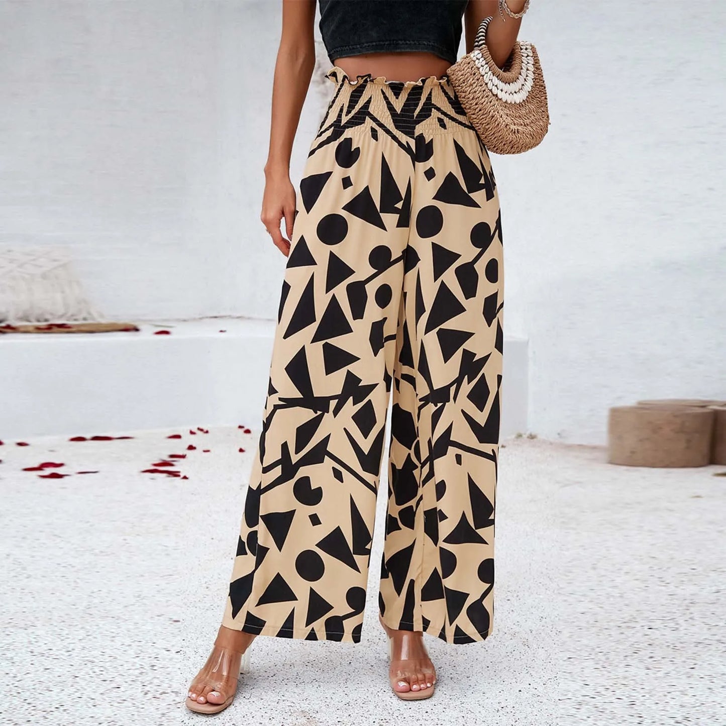 Women's High Waist Wide Leg Printed Casual Trousers with Relaxed Everyday Fit