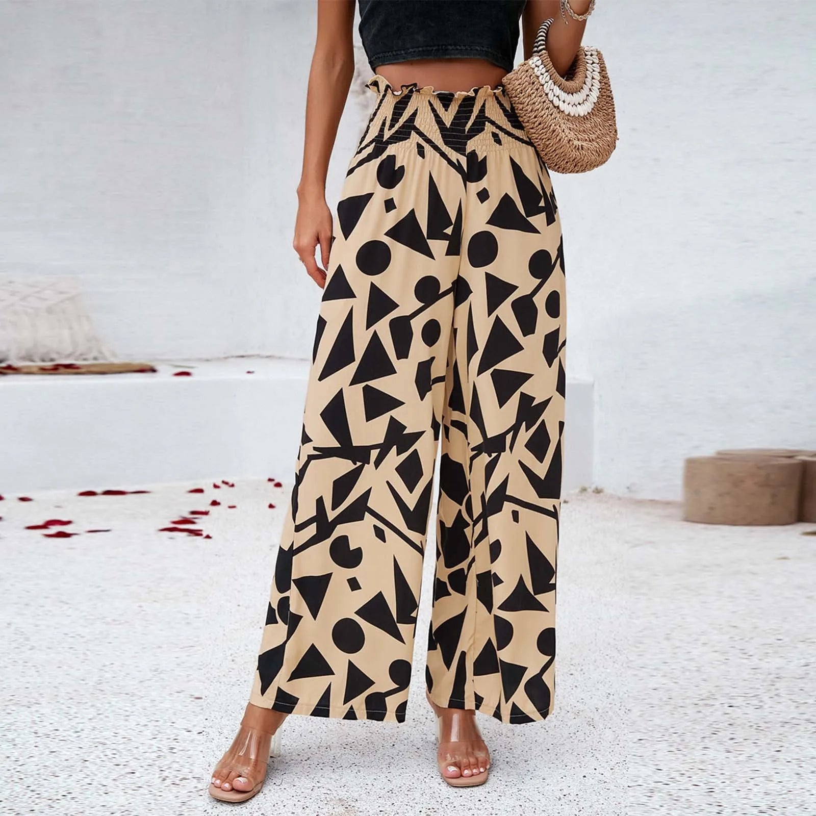 Women's High Waist Wide Leg Printed Casual Trousers with Relaxed Everyday Fit