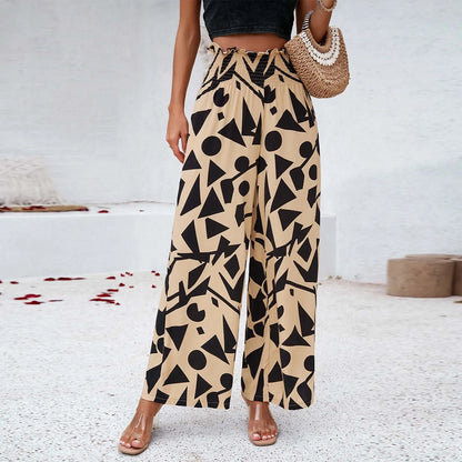 Women's High Waist Wide Leg Printed Casual Trousers with Relaxed Everyday Fit