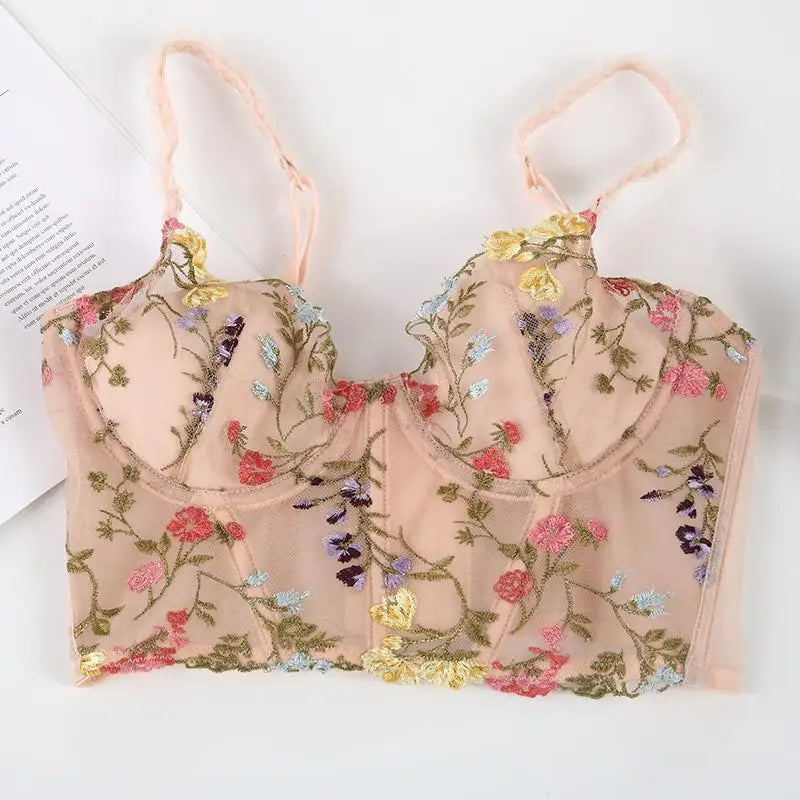 Colorful Floral Embroidery Longline Corset Bra and Panty Set