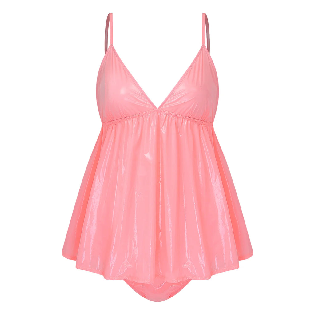 Glossy Pink Flared Babydoll Dress and Matching Briefs Set