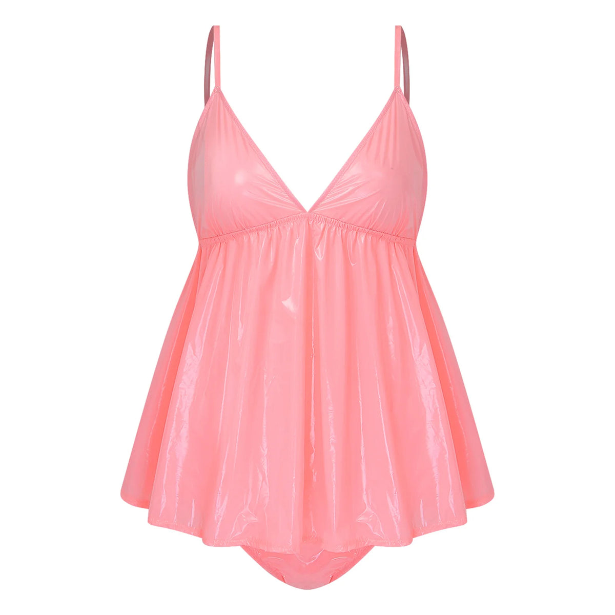 Glossy Pink Flared Babydoll Dress and Matching Briefs Set