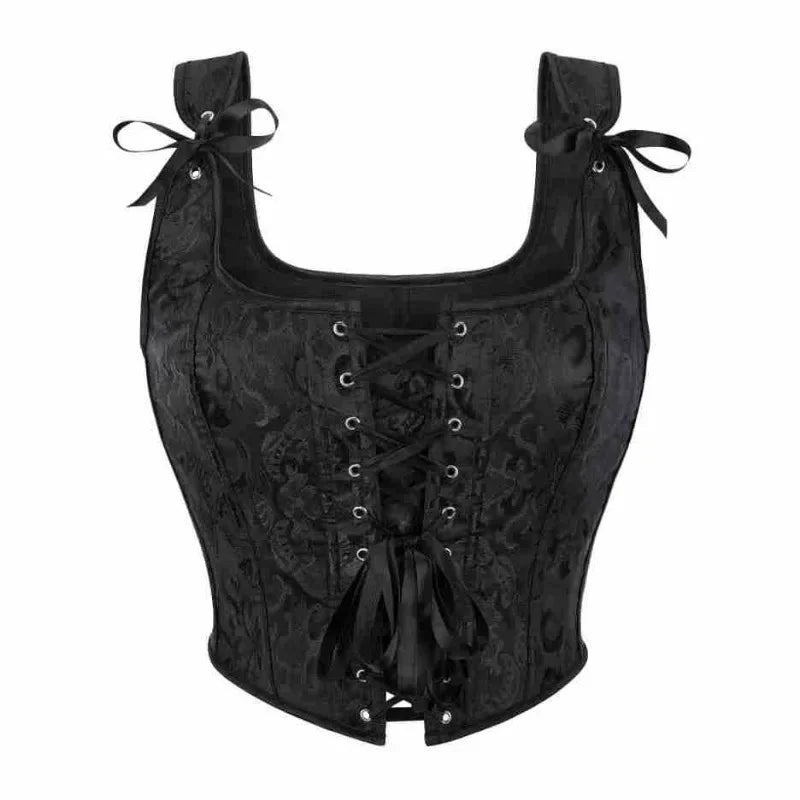Printed Lace-Up Corset Top with Structured Boning and Adjustable Shoulder Ties
