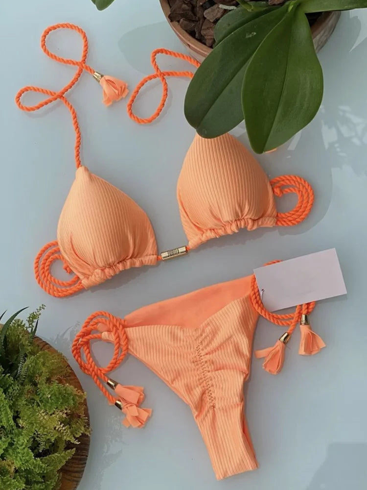 Soft Periwinkle Triangle Bikini Set with Two-Tone Twisted Rope and Tassel Details