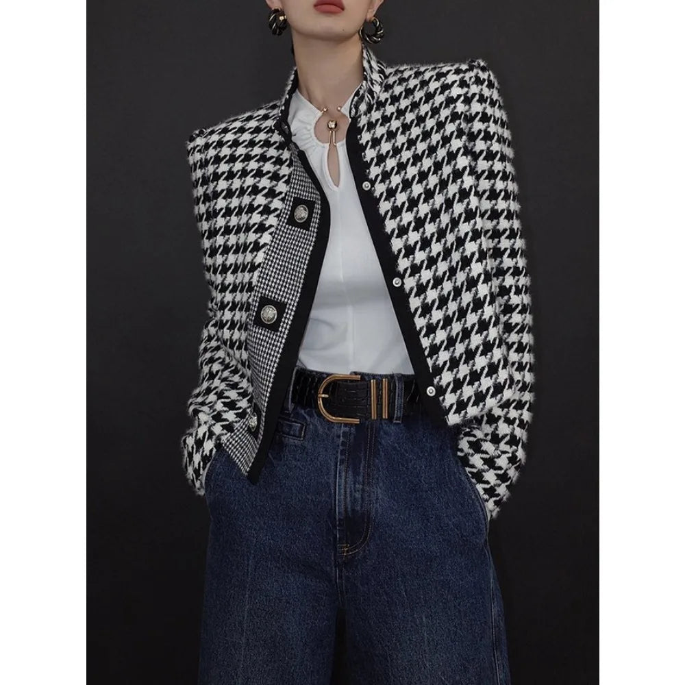 Retro Houndstooth Stand Collar Jacket with Tailored Vintage Inspired Silhouette