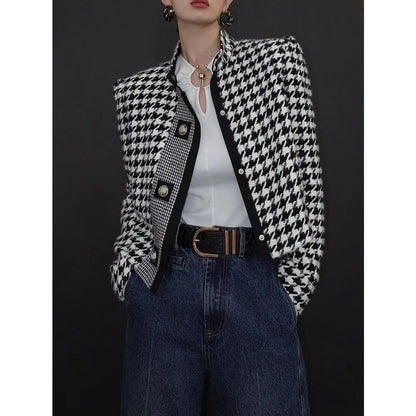 Retro Houndstooth Stand Collar Jacket with Tailored Vintage Inspired Silhouette