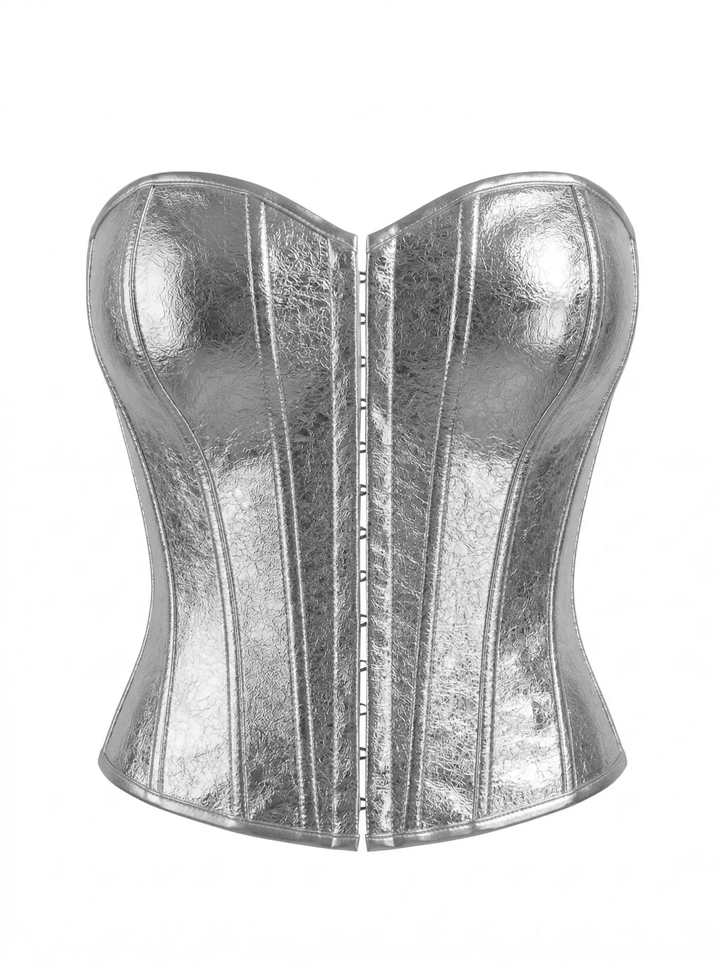 Luminous Metallic Silver Overbust Corset with Front Hook Closure