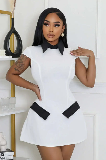 Color Block Collared Mini Dress with Tailored Straight Fit and Pocket Detail