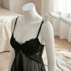 Classic Black Sheer Mesh Babydoll with Floral Lace Cups and Matching Panty